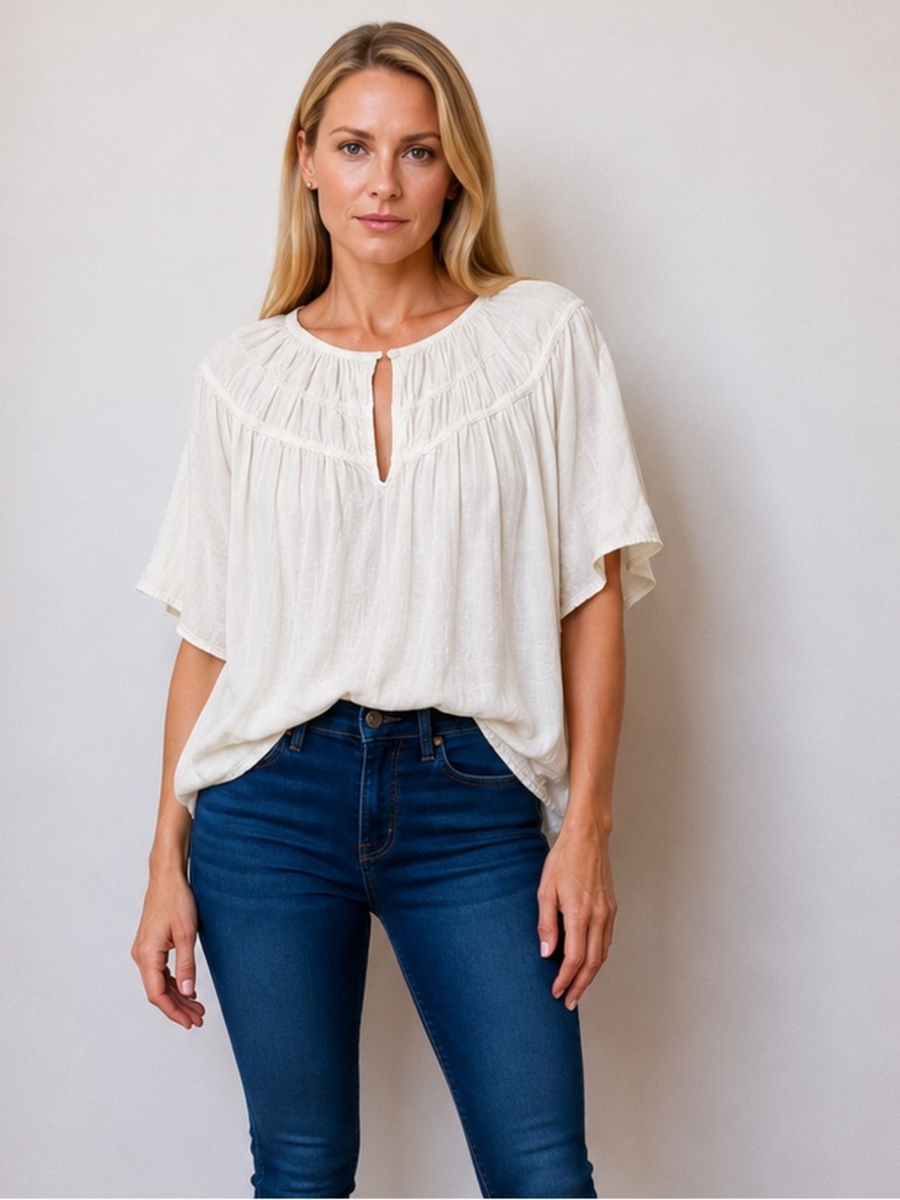 Old Navy Cream Split-Neck Peasant Blouse